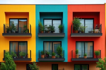 Fototapeta premium Colorful apartment building facade with balconies and plants