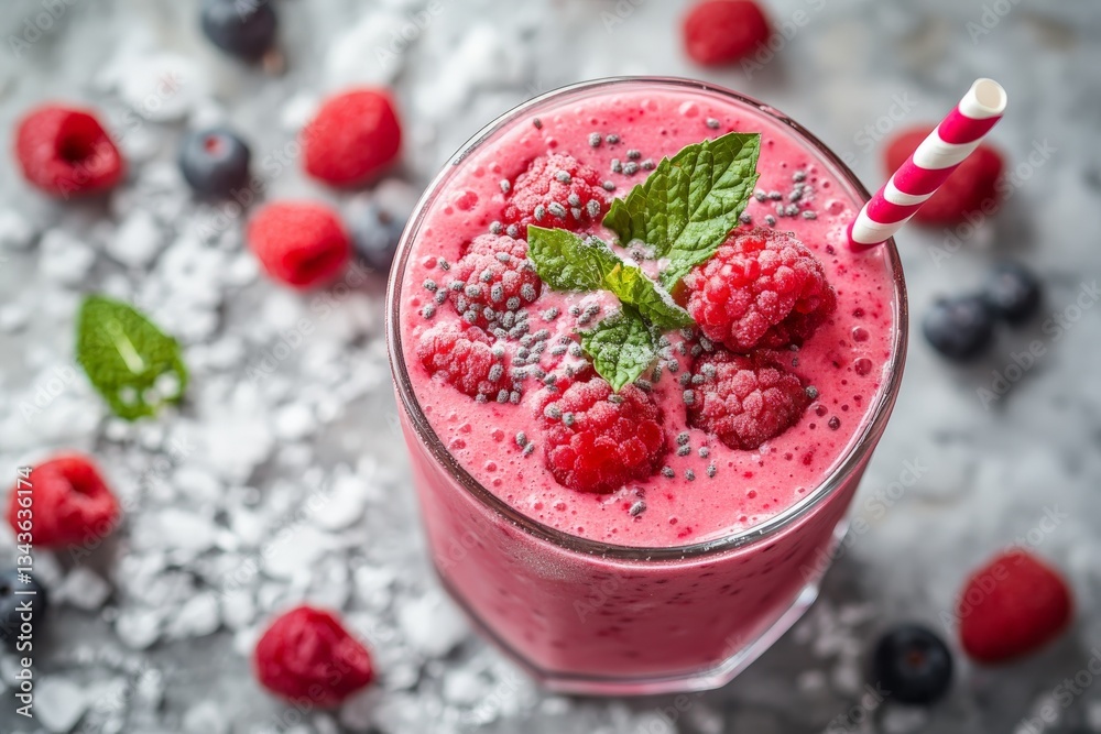 Poster refreshing raspberry smoothie topped with mint leaves and chia seeds served in a clear glass with a 