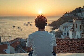 Fototapeta premium A person with headphones watching the ocean sunset at dusk