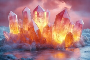 Fototapeta premium Glowing Crystal Cluster on Frozen Water, Dramatic Sunrise Background