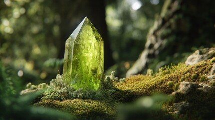 Green Crystal on Mossy Grass Patch - Nature's Tranquility and Balance