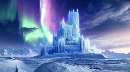 Majestic Fantasy Scene: Ice Castle Set Against Snowy Landscape