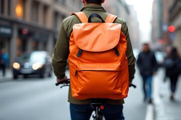 Fototapeta premium Cycling through the city with an orange backpack urban landscape lifestyle photography daytime