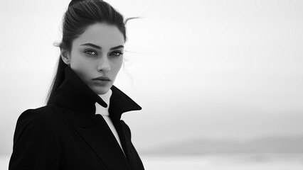 Scene from a modern commercial. The stern look of a woman. Image for an advertisement for a women's brand. Image to attract attention in banner ads. Generated AI.