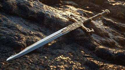 Golden Handle Sword on Rocky Surface: Professional and Striking Image for Designs