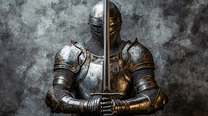 Ancient Knight in Metal Armor with Sword on Gray Background