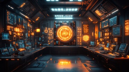 Spaceship control room with glowing core, monitoring systems