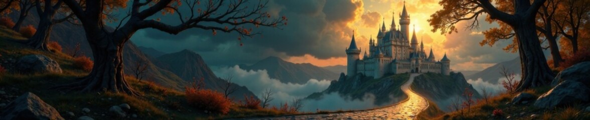 Grand castle backdrop with golden swirls and mysterious shadows, castle, golden