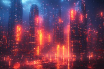 Fototapeta premium Neon futuristic city at night, rain, urban, digital art