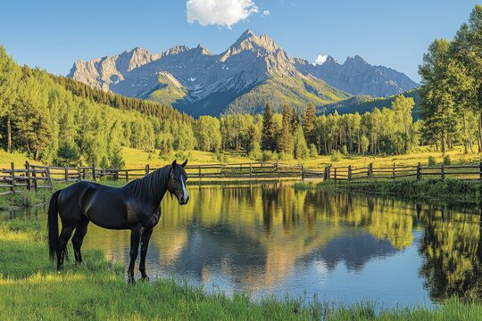 Majestic black horse stands by serene lake with mountain backdrop during golden hour in the Rocky Mountains