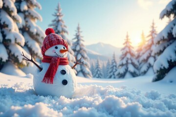 Happy snowman sitting on a snowbank with a beautiful snowy forest and a bright sunny sky , winter scenery, peaceful