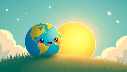 Naklejka premium Cute Earth with the sun on a grassy hill