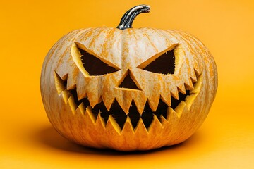 A spooky carved jack o lantern displayed on orange backdrop