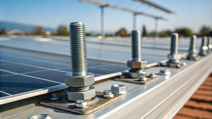 Solar Panel Installation with Close-Up View of Bolts and Fasteners on Roof