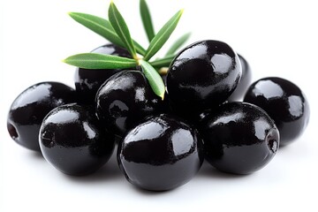 Fresh black olives resting on a white surface with an olive leaf for decoration and presentation