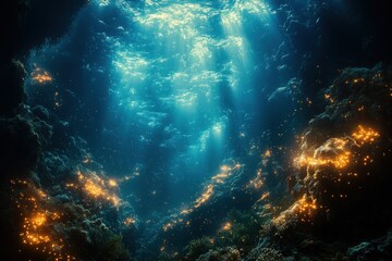 Fototapeta premium Underwater cave, sunlight beams, marine flora, glowing particles