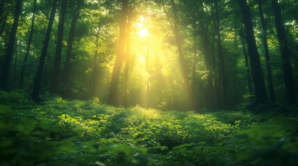Fototapeta premium Beautiful morning sunlight shining through green forest