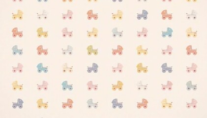 Pastel colored strollers, repeating pattern on light background, image, white, colorful