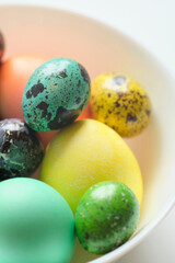 Colored easter eggs in white bowl close up macro