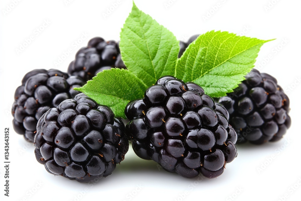 Poster fresh blackberries arranged with green leaves on a white background showcasing their rich color and 
