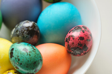 Colored easter eggs in white bowl close up macro