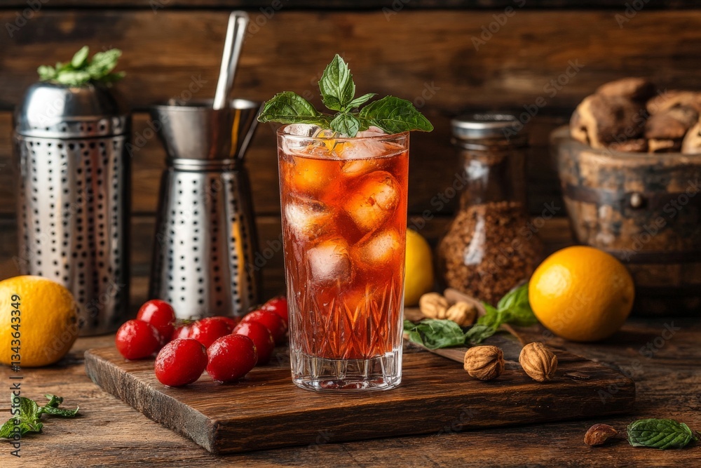 Poster Refreshing cocktail with mint and citrus served on wooden table with fresh ingredients in rustic setting