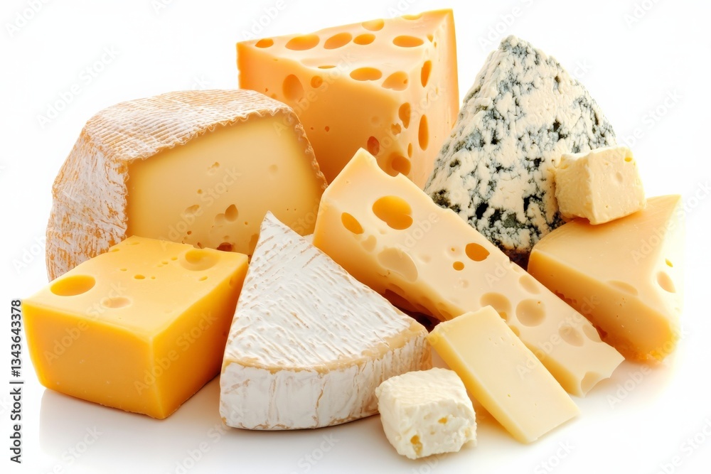 Poster Assortment of various cheeses displayed on a white background with a focus on texture and color variations