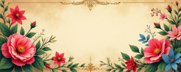 Intricate floral motifs with calligraphic script on parchment background, artistic, floral motifs