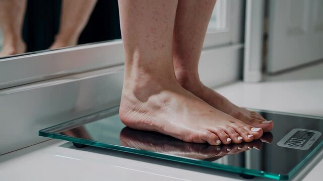 Adult caucasian woman weighing herself on digital scale in bathroom