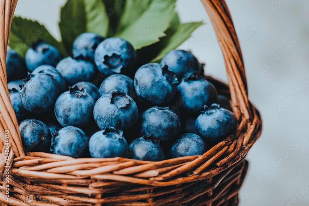 Poster freshly picked blueberries in wicker basket set against a soft background