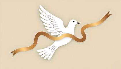 Fototapeta premium Stylized dove with a golden ribbon on a beige background