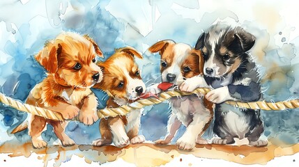 A watercolor illustration of four puppies playing tug-of-war.