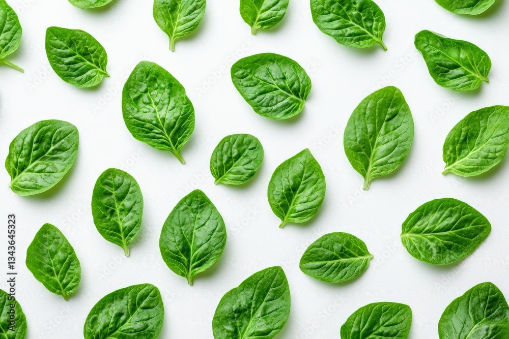Poster fresh green spinach leaves arranged evenly on a white background for culinary use and presentation i
