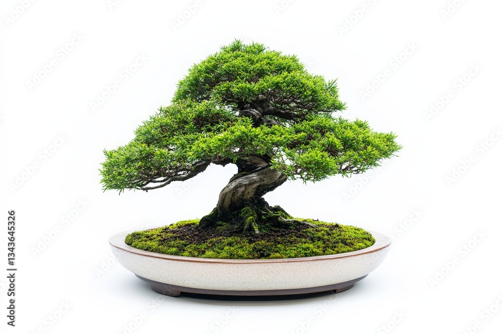 Poster bonsai tree with lush green foliage in a decorative pot on a plain background capturing nature's bea