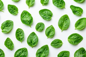 Obraz premium Fresh green spinach leaves arranged evenly on a white background for culinary use and presentation ideas
