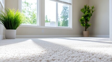 Sunlit room with beige carpet and plants