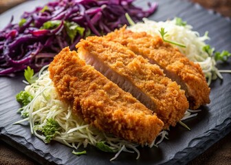 Aerial View of Crispy Tonkatsu on Shredded Cabbage - Japanese Food