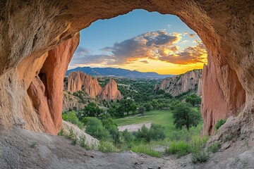 Breathtaking sunset view from a cave opening in natural landscape with unique rock formations and vibrant sky