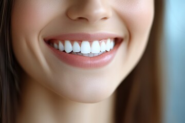 Obraz premium Bright smile of a young woman showcasing perfect teeth in a close-up portrait during daylight