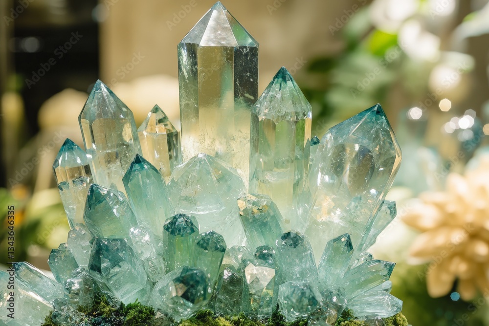 Poster Colorful crystal cluster sparkling under soft light in a serene environment filled with greenery, showcasing natural beauty and intricate details