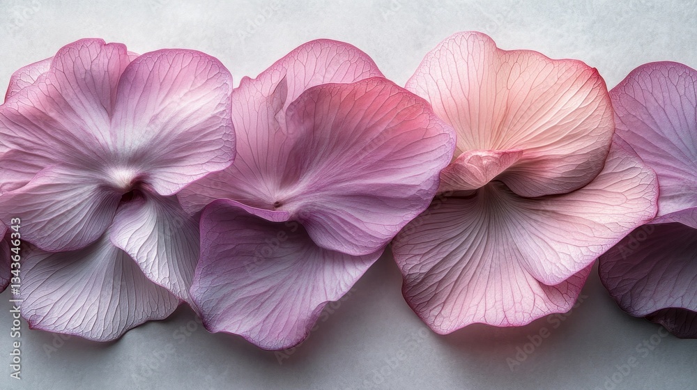 Poster soft pink petals elegantly arranged in a row showcase intricate textures and delicate hues, capturin