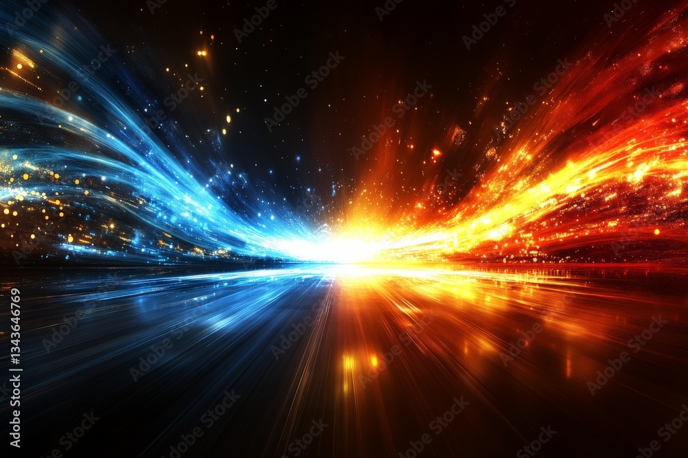 Poster Vibrant clash of blue and red colors with dynamic light streaks creating a stunning visual effect