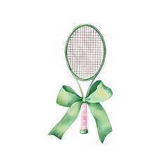 Watercolor Tennis Aesthetic Illustration, Girly Sport Illustration, Hand Painted Image for design. Racket with Preppy Green Bow