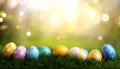 Colorful Decorated Easter Eggs on Fresh Green Grass Background