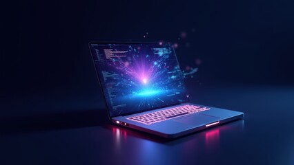 Sleek laptop with a glowing, AI-enhanced keyboard and holographic screen. Illuminated keys and flowing data on the screen