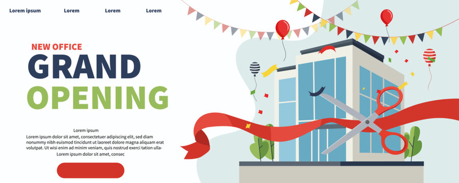 Grand opening office with a red ribbon cutting website template poster banner vector with white background.
