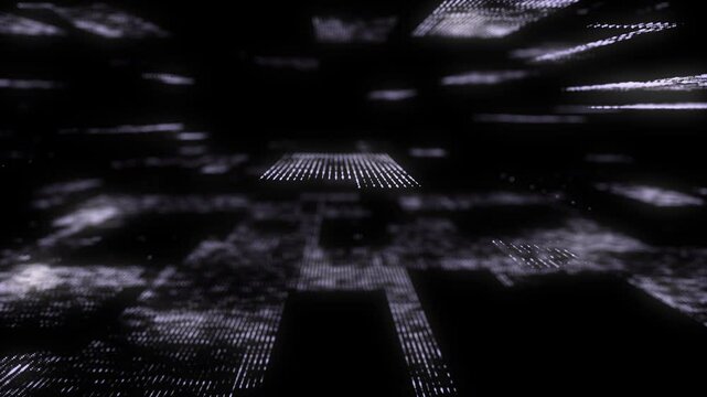 Abstract digital background. Purple matrix cyberspace with moving data. Technology cyber security futuristic space. Concept hacking, sorting and analysis big data. Binary code dots flow. 3d rendering.