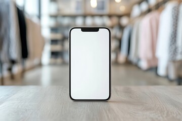 Blank white screen smartphone stands on a wooden textured surface