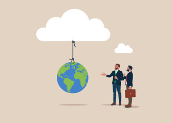 Globe hanging from white cloud. Global business expansion, open company branches, franchise in new location to cover all continent, growing business worldwide concept. Vector illustration