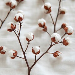 Delicate Cotton Plant Branches on White Fabric Background. A close-up image showcasing the beauty of natural cotton blooms.